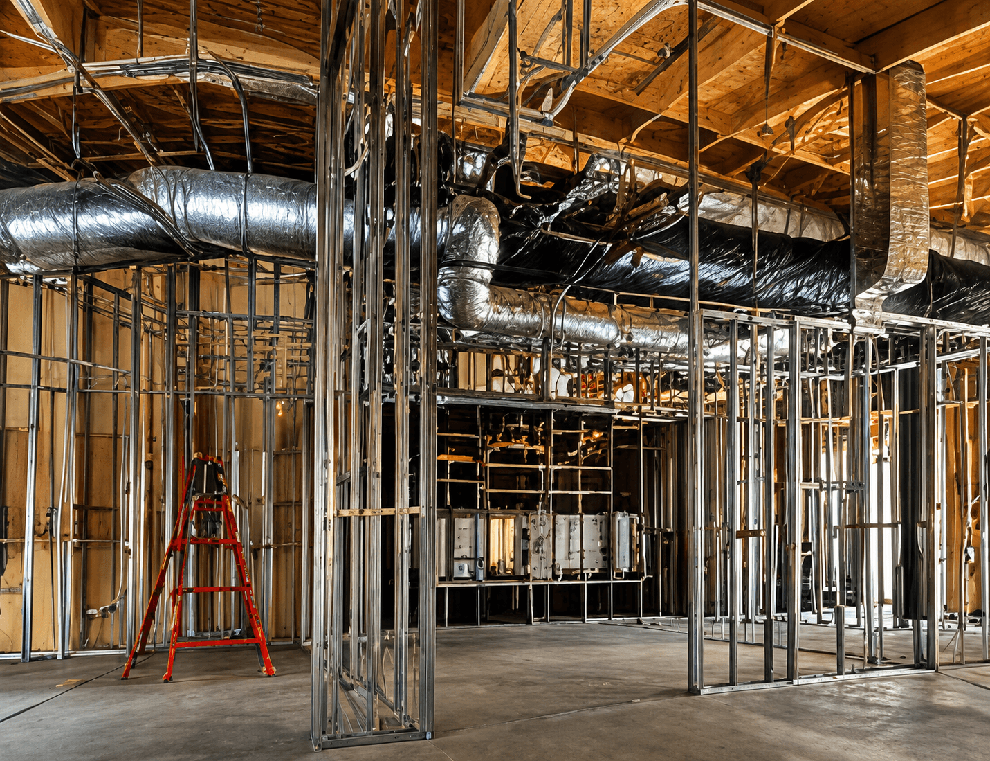 Industrial construction site with framing and MEP work in progress